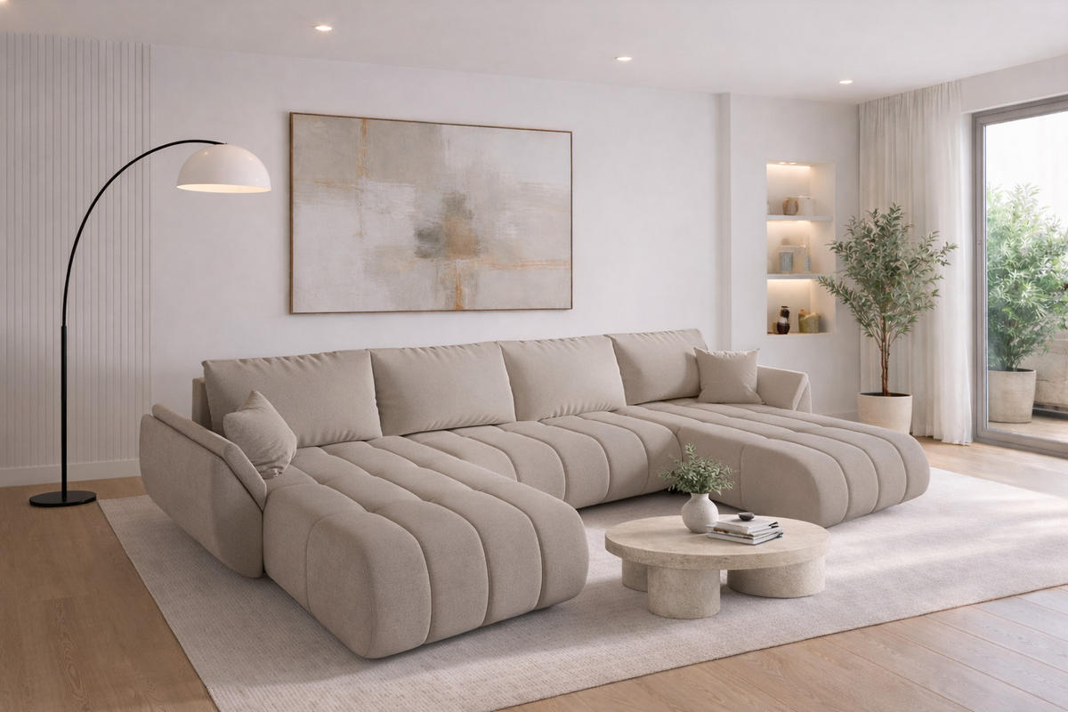 ECKSOFA mit schlaffunktion und bettkasten TOKYO U PREMIUM, stoff WIND, Beige - Beige, Holz (384/190cm) - Kaiser Möbel