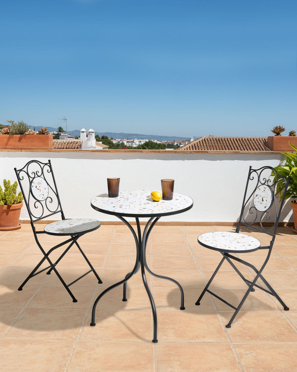 GARTENSTUHL 2er-Set Terrazzo Weiß Artena - Schwarz/Weiß, Metall (39/87/47cm) - Beliani