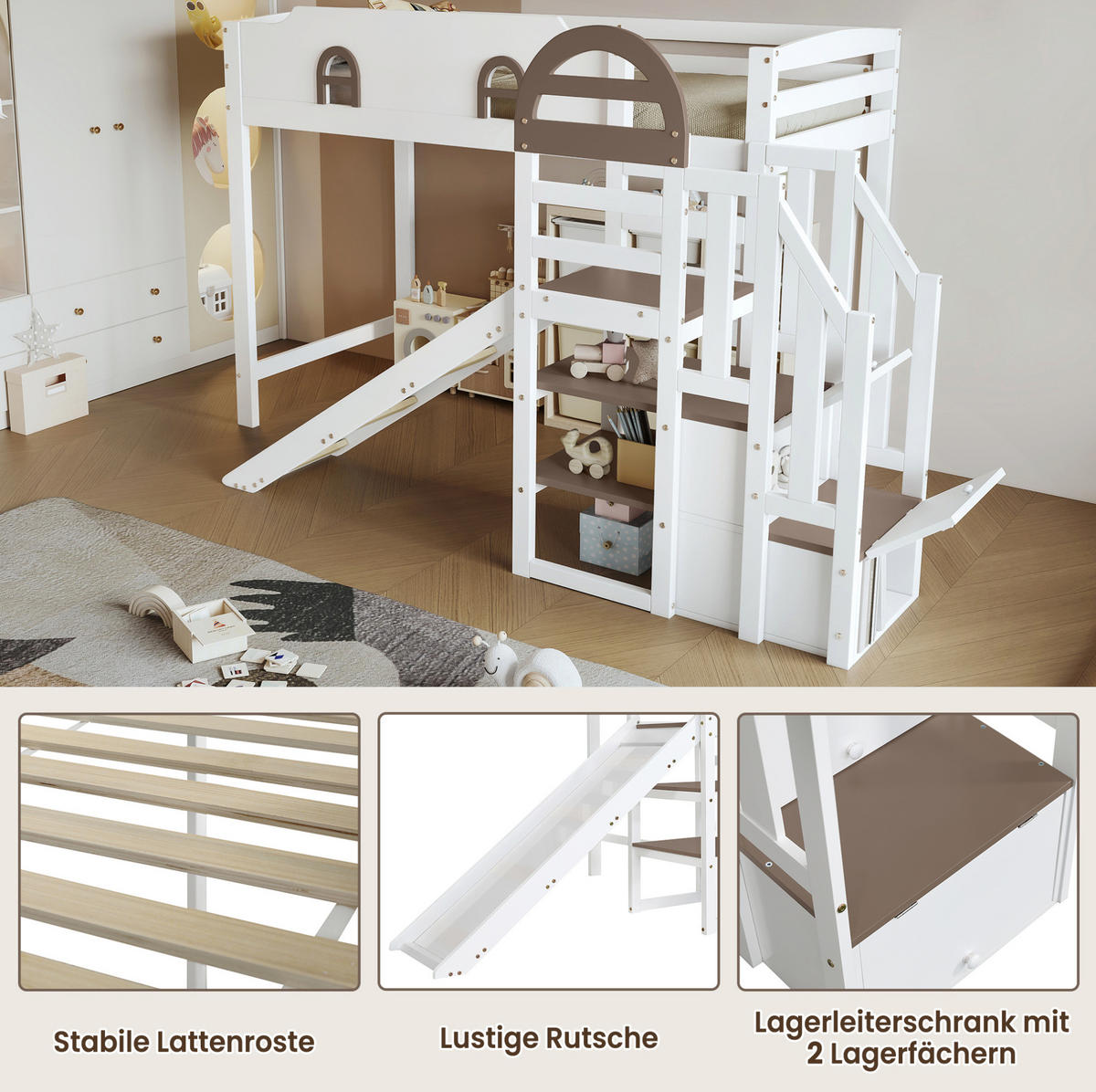 ETAGENBETT 90/200 cm mit Rutsche, Stauraumtreppe, Fenstern und Rundum-Absturzschutz aus Kiefer/MDF, Weiß - Weiß, Holzwerkstoff (90/200cm) - Redom