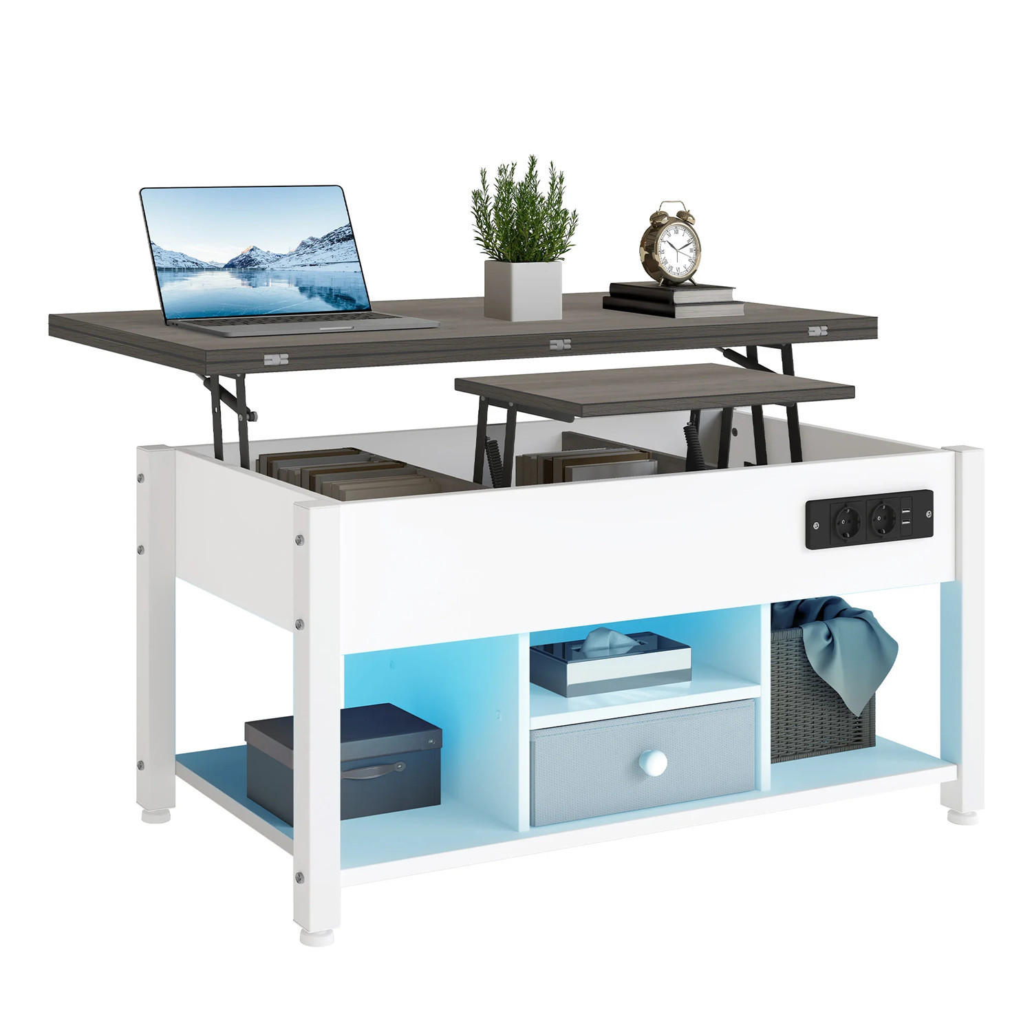 COUCHTISCH 4-in-1 höhenverstellbar LED Stauraum Weiß/Grau - Weiß, Holz (90/47.8/61.7cm) - Kaket
