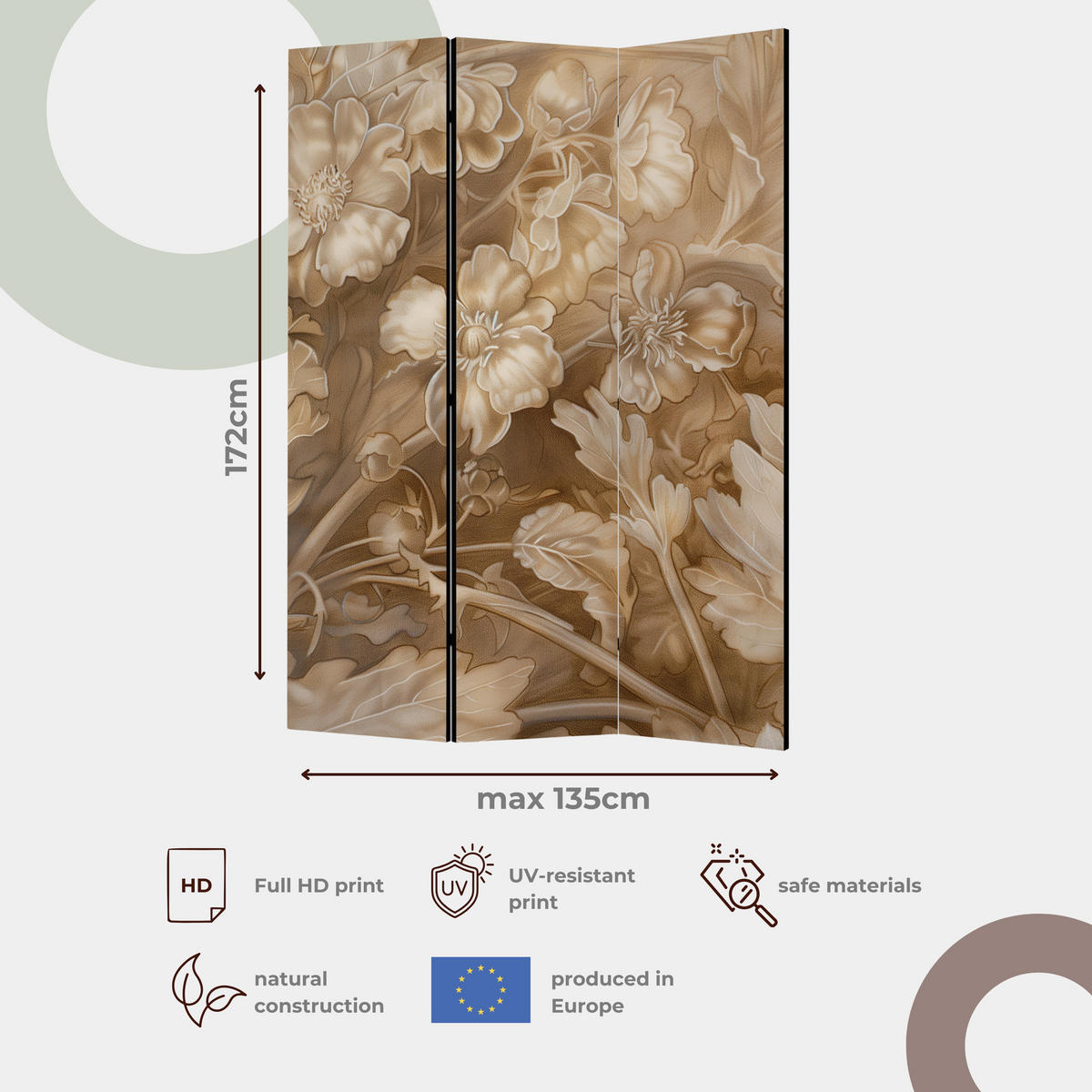PARAVÁN Obojstranný Potlačený 3-dielny 135x172 cm Béžové Kvety Vintage - béžová, drevo/textil (135/172/3cm) - Muralo