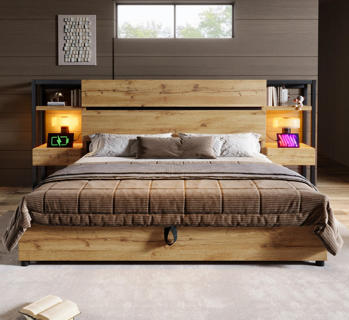 POLSTERBETT 180/200 cm Beige mit 2 Schubladen und Stauraum-Kopfteil - Naturfarben, Holz (180/200cm) - Oxeza
