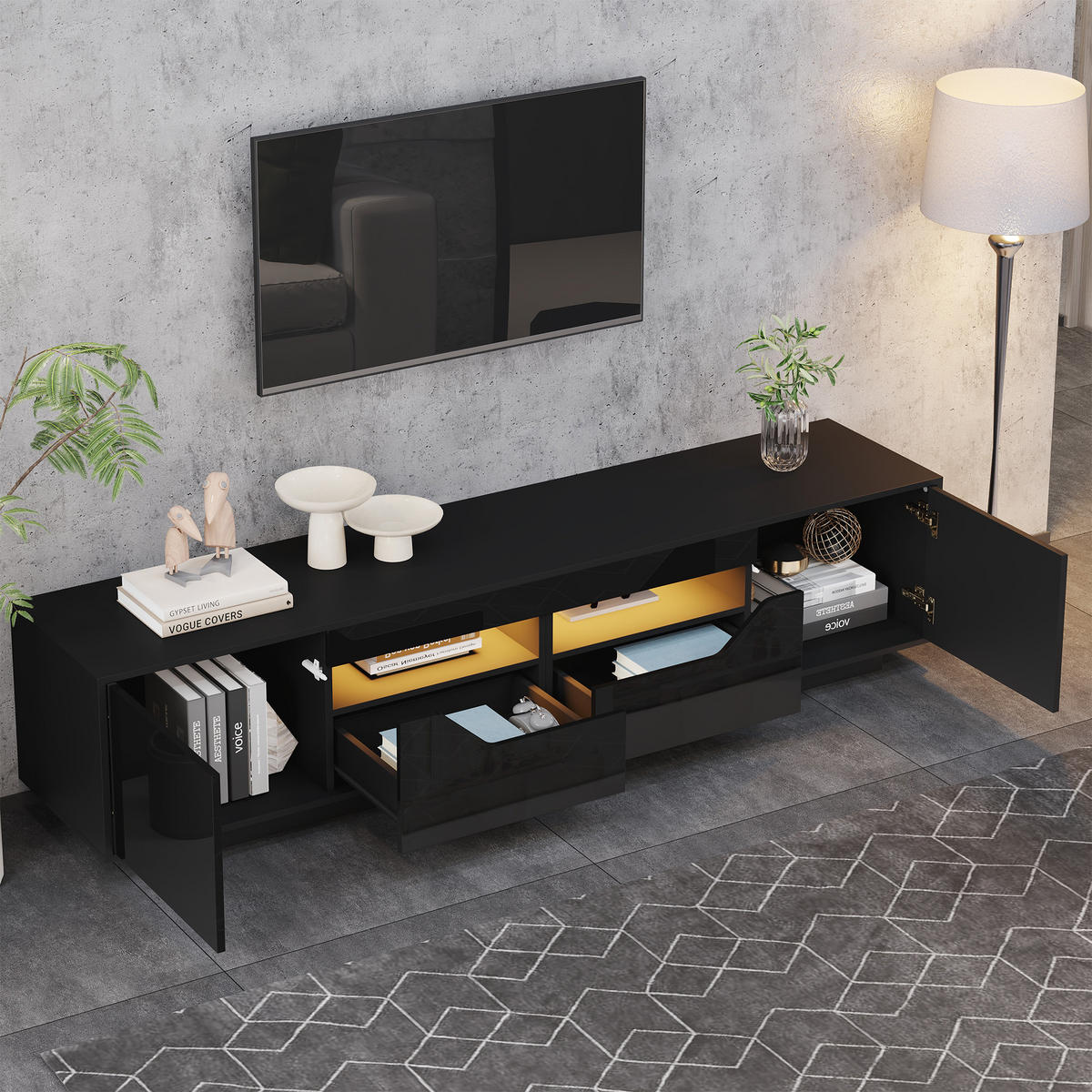 TV-LOWBOARD 180x40x45cm Schwarz mit LED, 2 Schränken - Schwarz, Holzwerkstoff (180/45/40cm) - FLIEKS