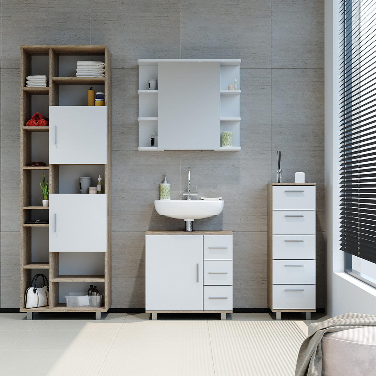 BADSCHRANK Ilias Sonoma 60 x 190 cm - Weiß, Holzwerkstoff (60/190/30cm) - Vicco