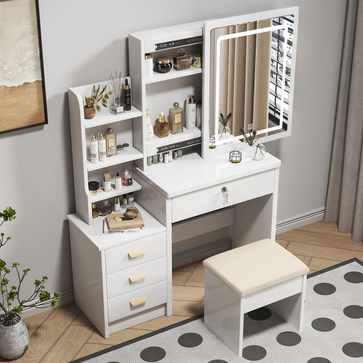 SCHMINKTISCH mit LED-Spiegel und gepolstertem Hocker, dreifarbig verstellbare Beleuchtung, 85 × 130 × 36 cm - Weiß, Holzwerkstoff (36/130/85cm) - Vallsero