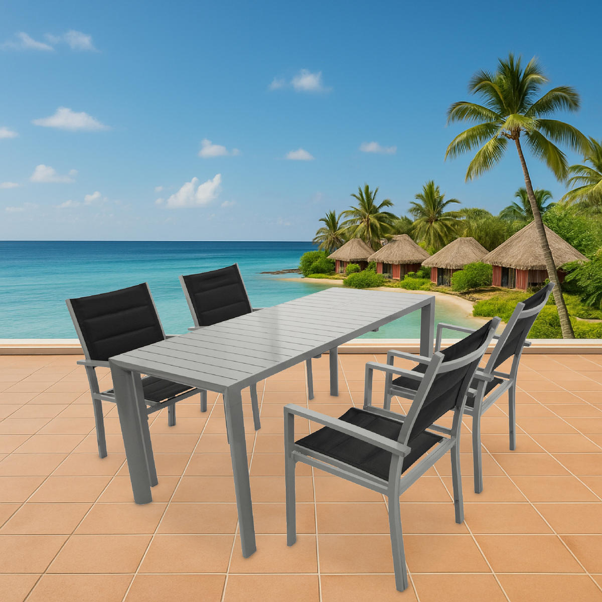 GARTEN-GARNITUR Ashford - 5-teilige Garten-Essgruppe (4x Sessel Aluminium silbergrau + Textilgewebe gepolstert schwarz Ausziehtisch - Grau, Metall - TPFGarden