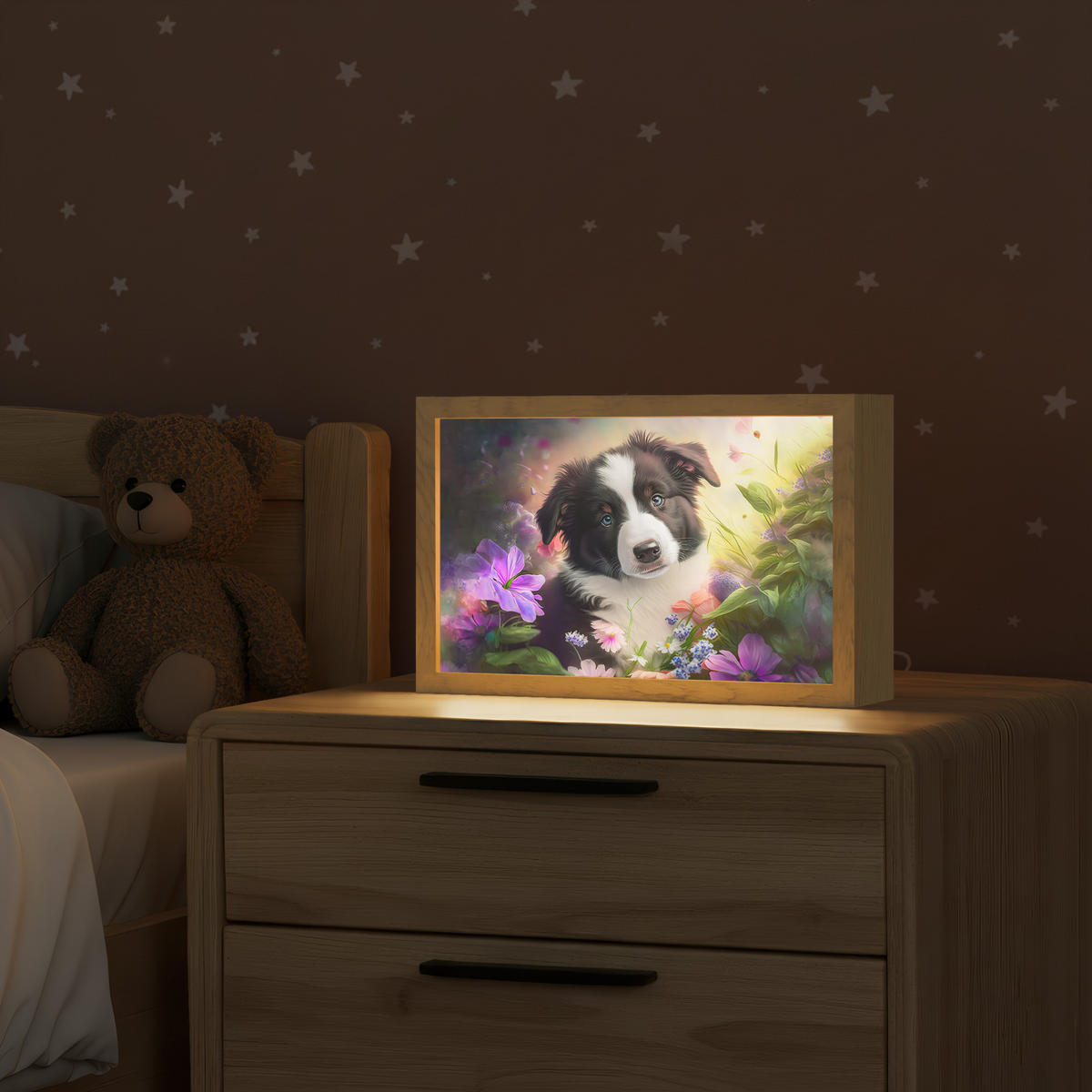 NÁSTĚNNÁ LAMPA Štěně - Slunce - Květiny - Příroda - Border kolie - Pes 30x20 cm - fialová, kompozitní dřevo (30/20/8cm) - OnlyWow