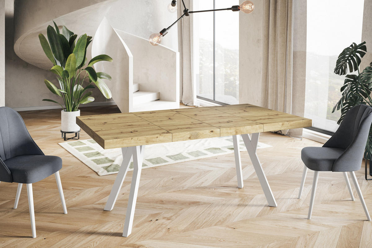 ESSZIMMERTISCH RICO, ausziehbarer Tisch120-220X120X77 cm, Farbe: ARTISAN, mit Holzbeinen in Farbe Weiß - Hellbraun/Weiß, Holzwerkstoff (120/120/77cm) - Alpi-Möbel