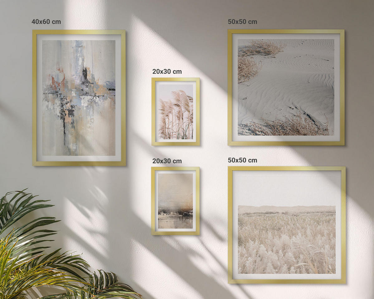 BILDER SET 5er Set - 50x50 cm & 20x30 cm & 40x60 cm Goldrahmen - Abstrakte Vegetationsmuster - Goldfarben, Kunststoff (40/60cm) - TULUP