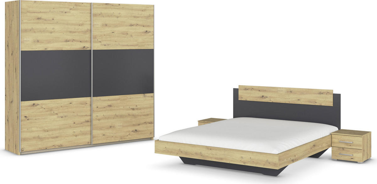 SCHLAFZIMMER Borba in Eiche und Grau 4 teilig – mit Bettanlage 160x200cm, zwei Nachttisch und Schwebetürenschrank 218cm Breite - Braun, Holzwerkstoff (80/200/120cm)