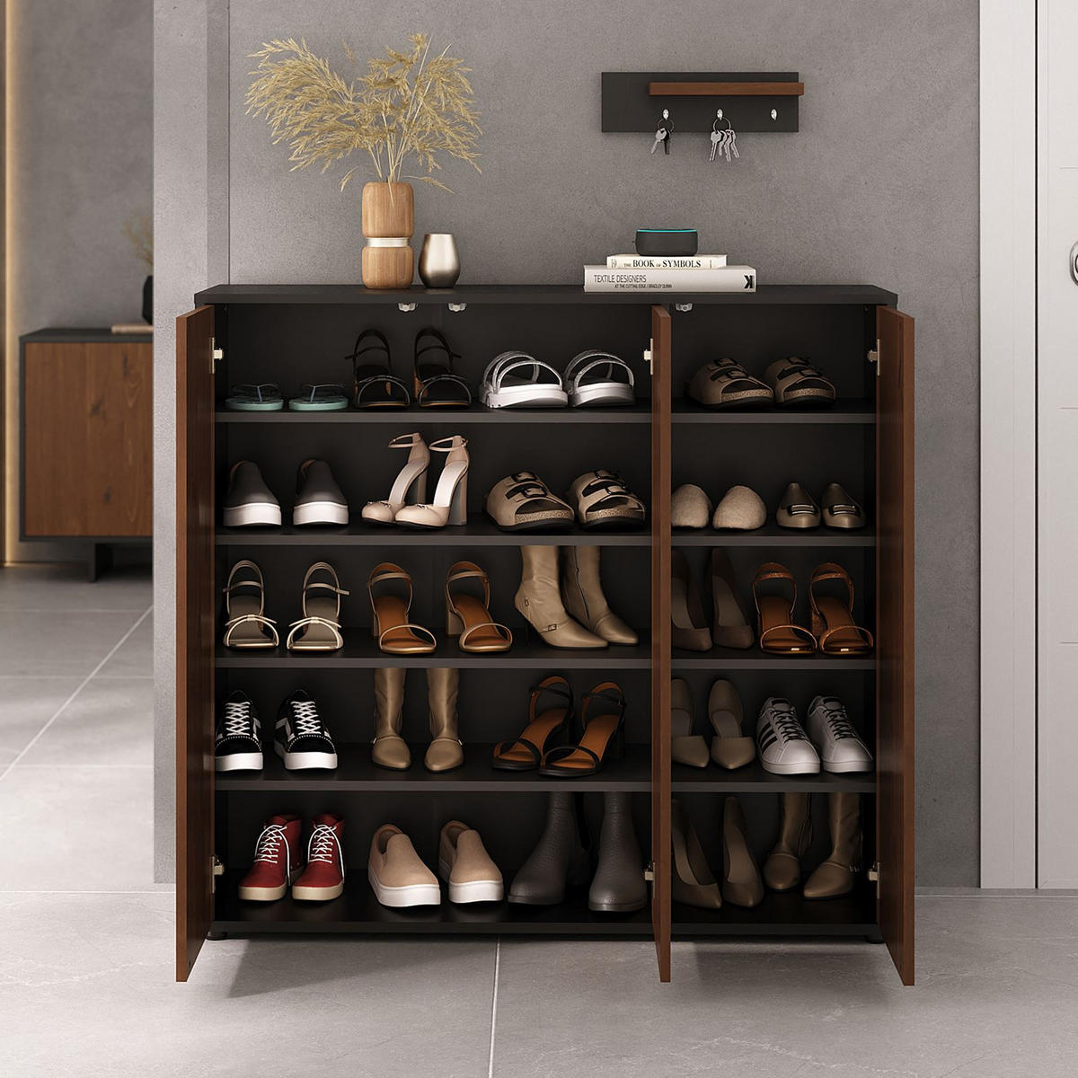 SCHUHSCHRANK MIRAN schwarz/Kastanie - Kastanienfarben/Schwarz, Holz (109/100/35cm) - IDIMEX