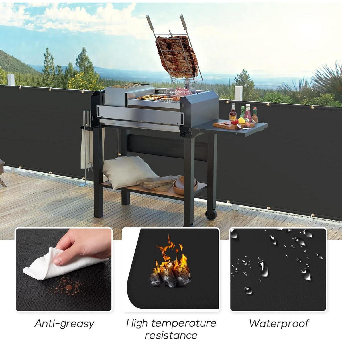 HITZESCHUTZ Grill rückwand 90 x 120 cm Schwarz - Schwarz, Textil (7.6/25.4/25.4cm)