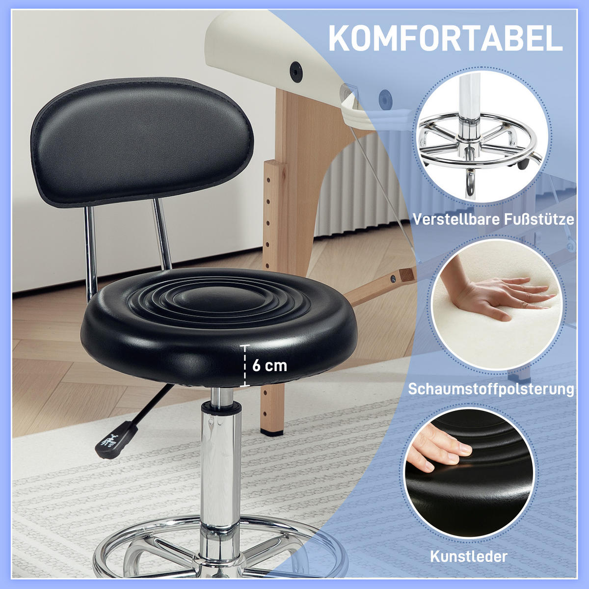 ROLLHOCKER höhenverstellbar Drehhocker, 32 x 40 x 70-86 cm, Schwarz - Schwarz, Kunststoff (40/86/32cm) - HOMCOM