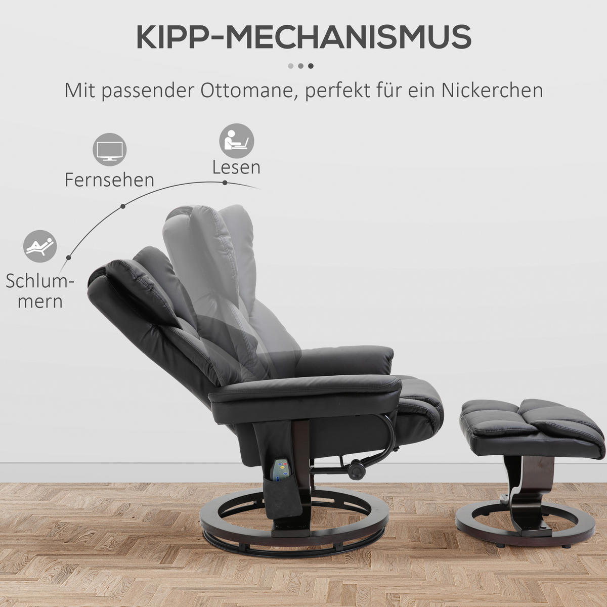 RELAXSESSEL Massagesessel mit Fußhocker Liegefunktion Schwarz 79 x 82 x 101 cm - Schwarz, Holz/Metall (82/101/79cm) - HOMCOM