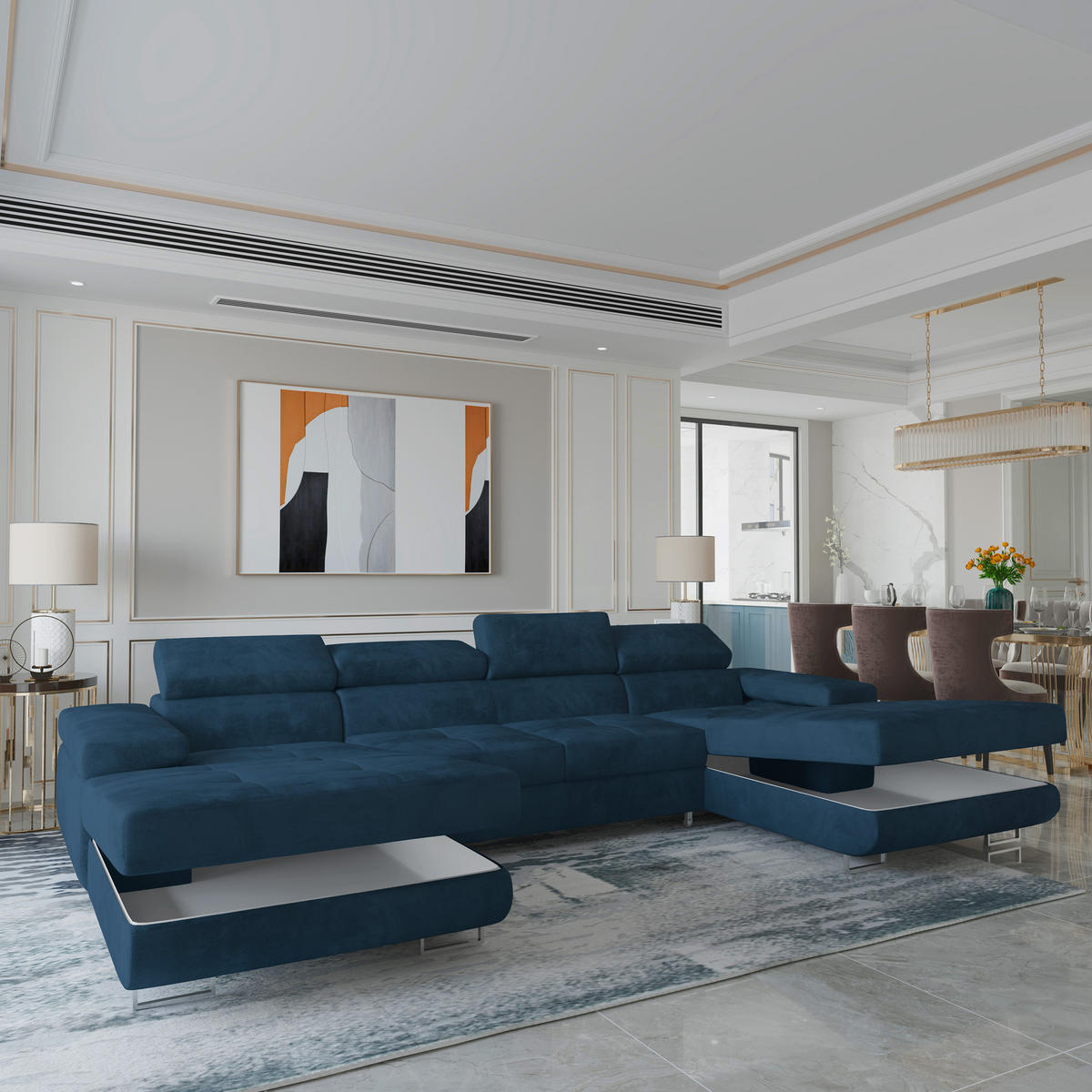 WOHNLANDSCHAFT LYKKE Blau Velours-Stoff mit Schlaffunktion - Blau, Holz (353/90/202cm) - MASSENO