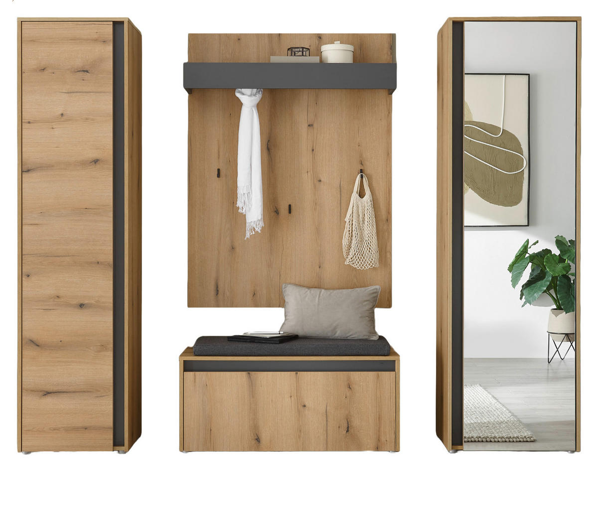 GARDEROBE-SET 5-teilig Evoke Eiche, grau 230 cm, Garderobenkombination mit viel Stauraum - Eichefarben/Schwarz, Glas/Holzwerkstoff (230/200/200cm) - Furn.Design
