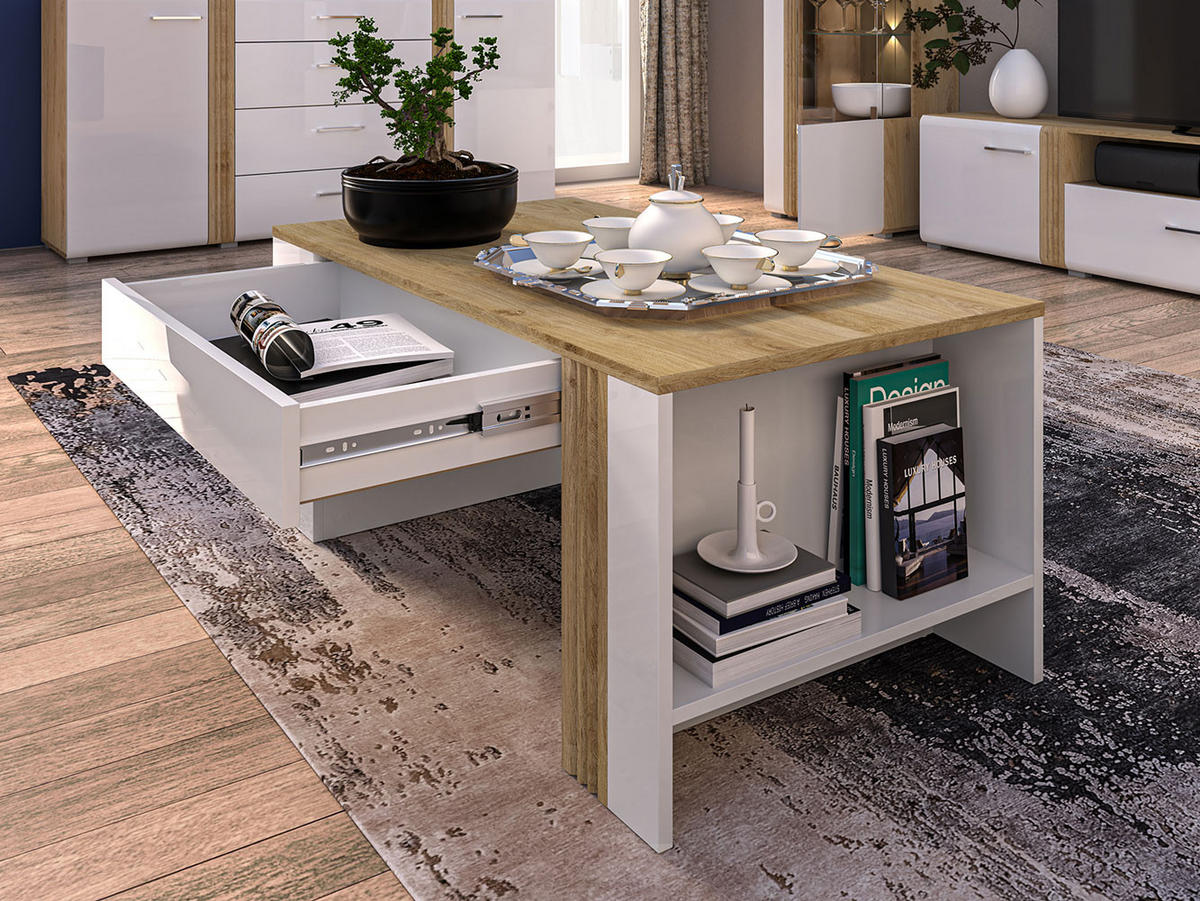 COUCHTISCH Adagio weiß Hochglanz / Eiche castello 109 / 60 / 48cm - Weiß/Braun, Holz/Holzwerkstoff (60/109/48cm) - Feldmann-Wohnen