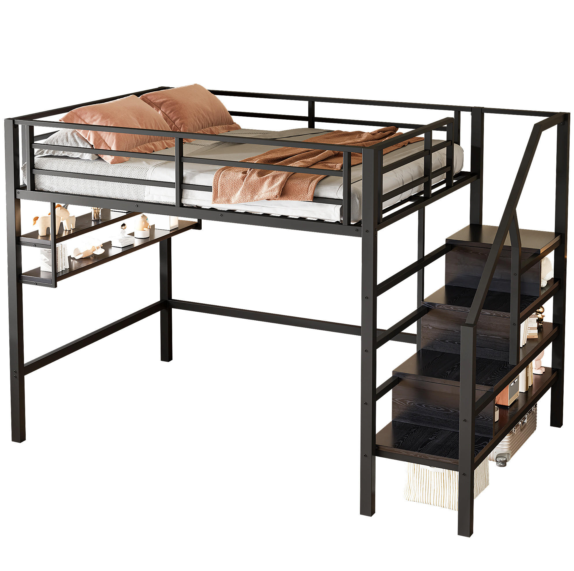 HOCHBETT 140/200 cm in Schwarz – mit Stauraumleiter und Regalfächern - Schwarz, Metall (140/200cm) - BEAOK