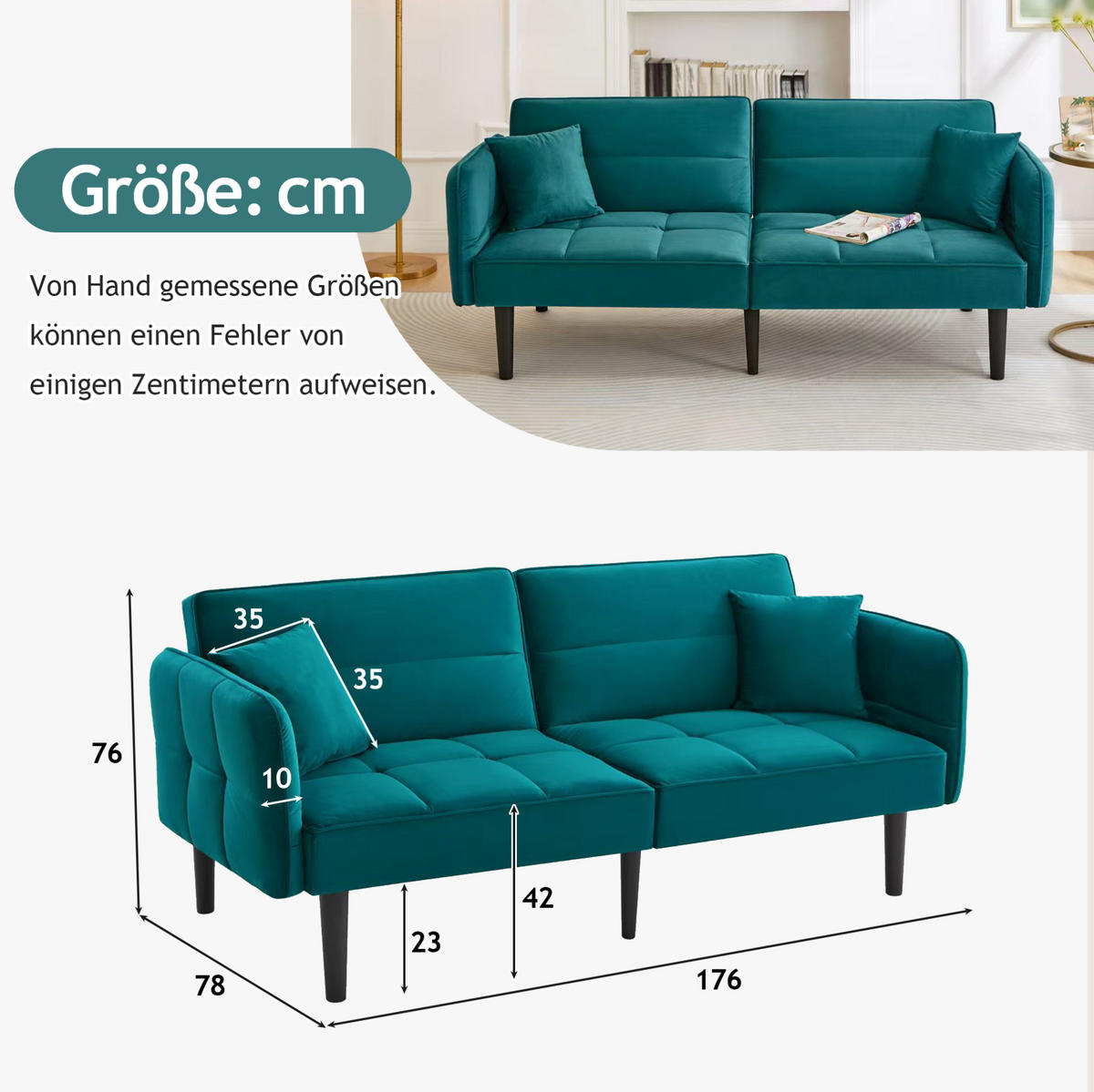 SCHLAFSOFA Samtbezug mit verstellbaren Rückenlehnen und klappbaren Armlehnen Antik Blaugrün 176/78/76 cm - Grün, Textil (78/76/176cm) - Redom