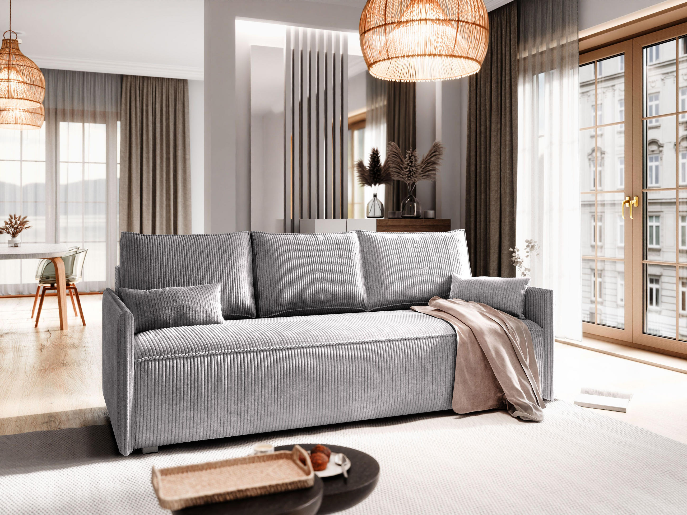 BETTSOFA MESTOR Hellgrau Kordstoff mit Schlaffunktion - Hellgrau, Textil (206/83/87cm) - MASSENO
