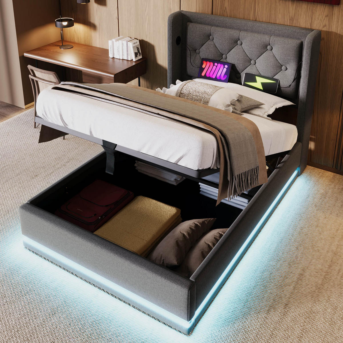 POLSTERBETT 90/200 cm Grau Baumwolle mit Stauraum und USB Typ-C-Anschluss - Grau, Textil (90/200cm) - OKWISH