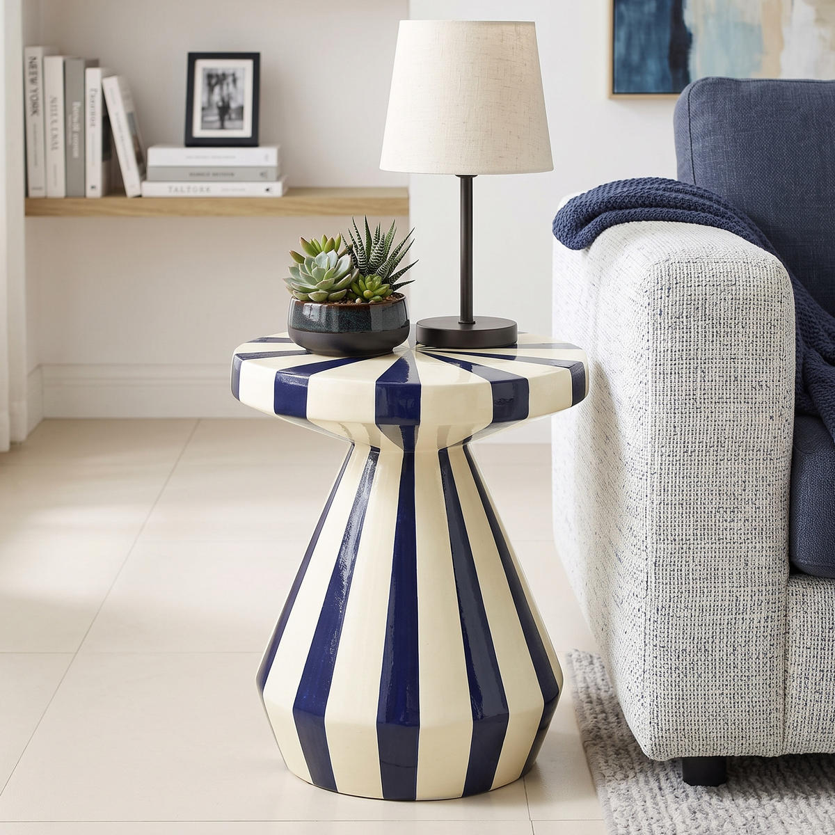 BEISTELLTISCH Rund Magnesiumoxid (MgO) mit Marineblau-Creme Gestreift - Blau, Naturmaterialien (34/34/40cm) - Hometopia