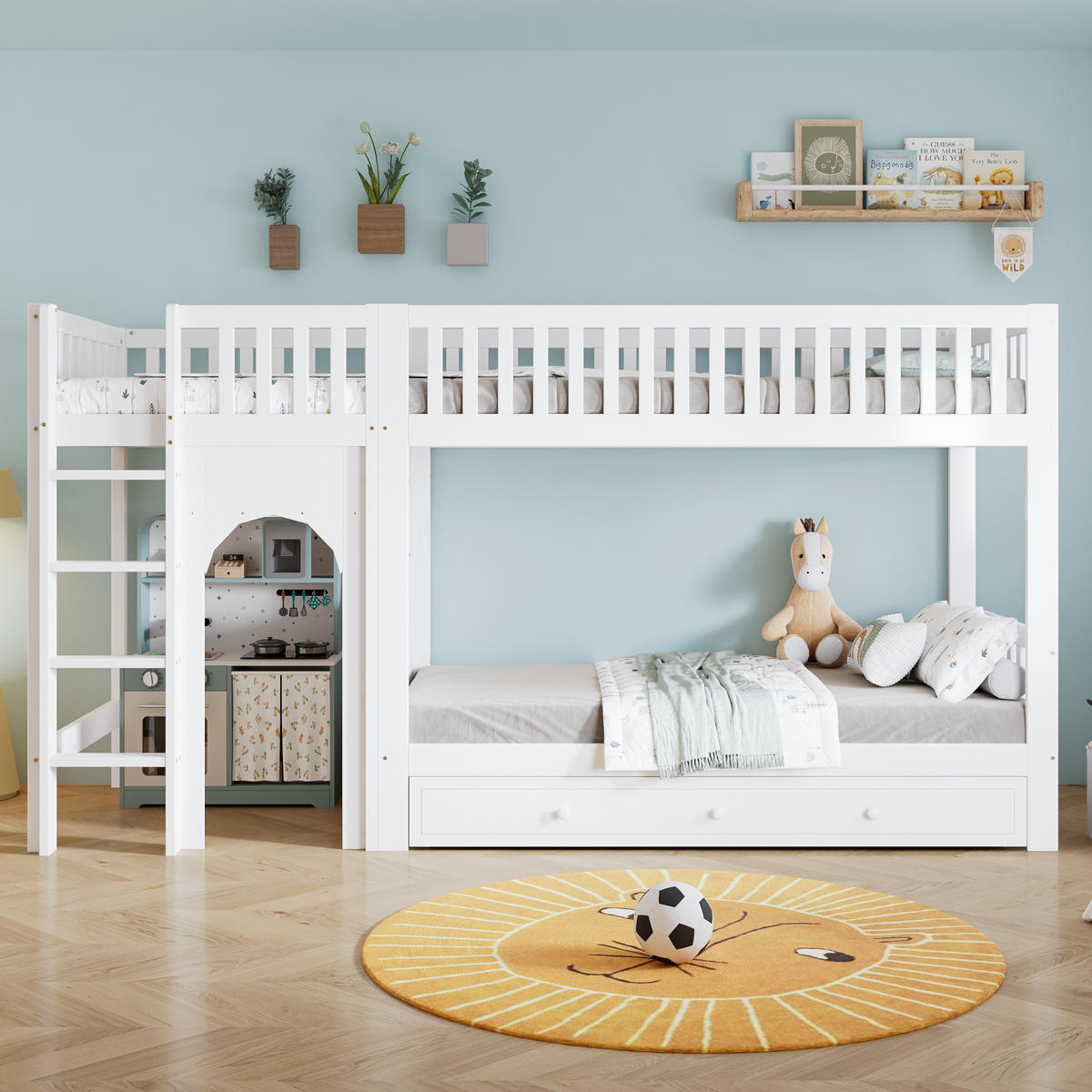 ETAGENBETT 90/200 cm Weiß mit Schubladen und gerader Leiter - Weiß, Holz (90/200cm) - Oxeza