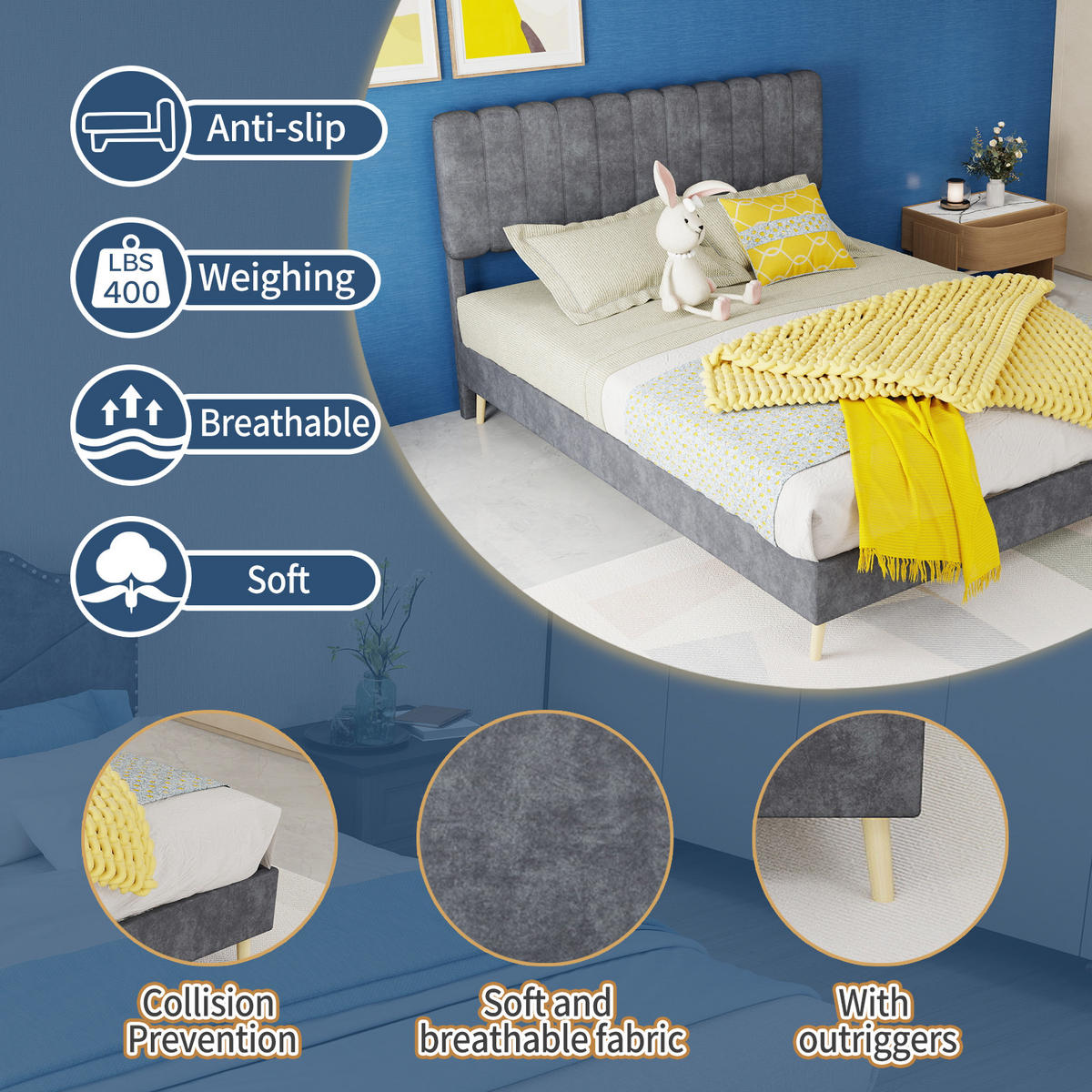 BETT mit hohem Kopfteil 140x200 cm Stoff Grau - Grau, Metall (140/200cm) - Meubliv