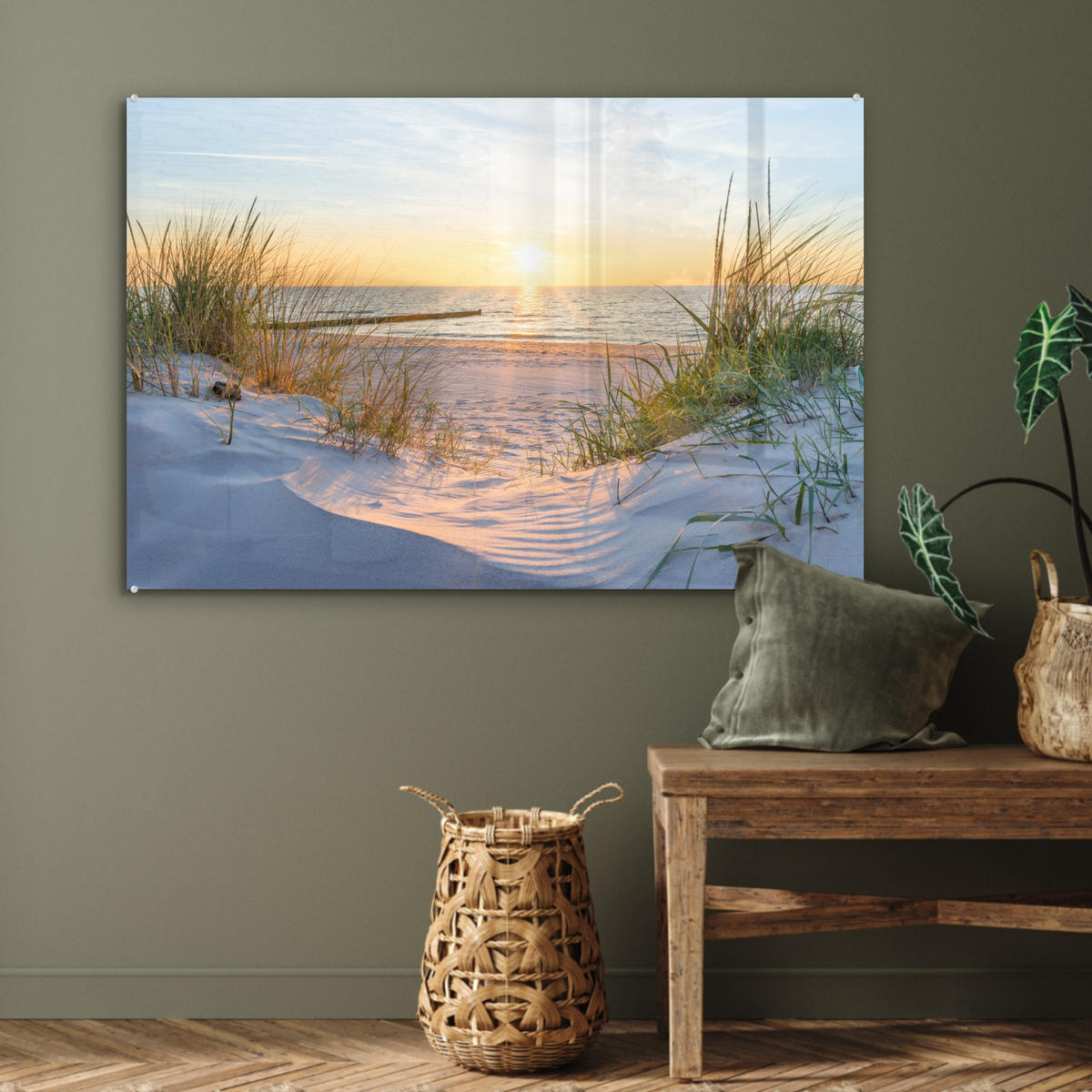 ACRYLGLASBILD Strand - Sonne - Düne - Gras - Sand - Horizont 90x60 cm - Hellblau, Glas (90/60cm) - MuchoWow