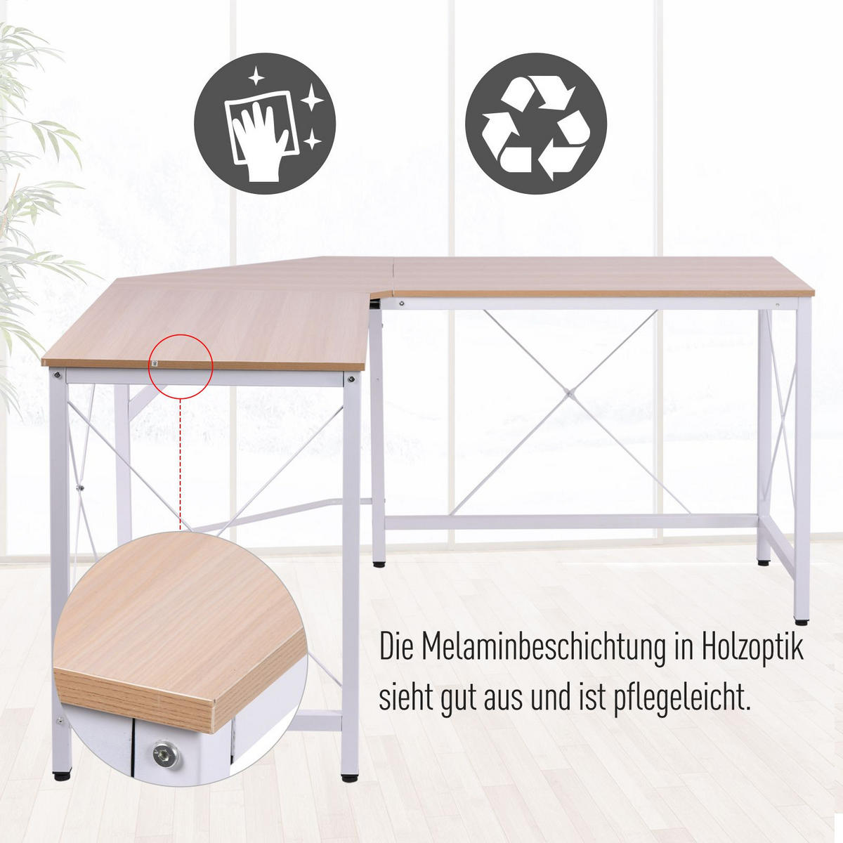SCHREIBTISCH L-Form, MDF, Natur+Weiß - Naturfarben, Kunststoff (150/150/76cm) - HOMCOM