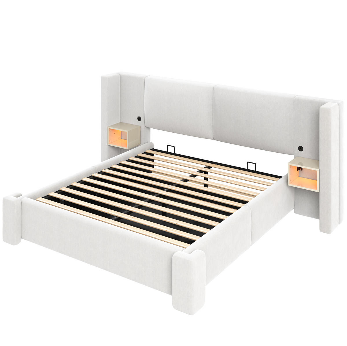 POLSTERBETT aus Leinen und MDF 140x200 cm Beige mit LED-Beleuchtung und hydraulischem Stauraum - Beige, Textil (140/200cm) - Modfu