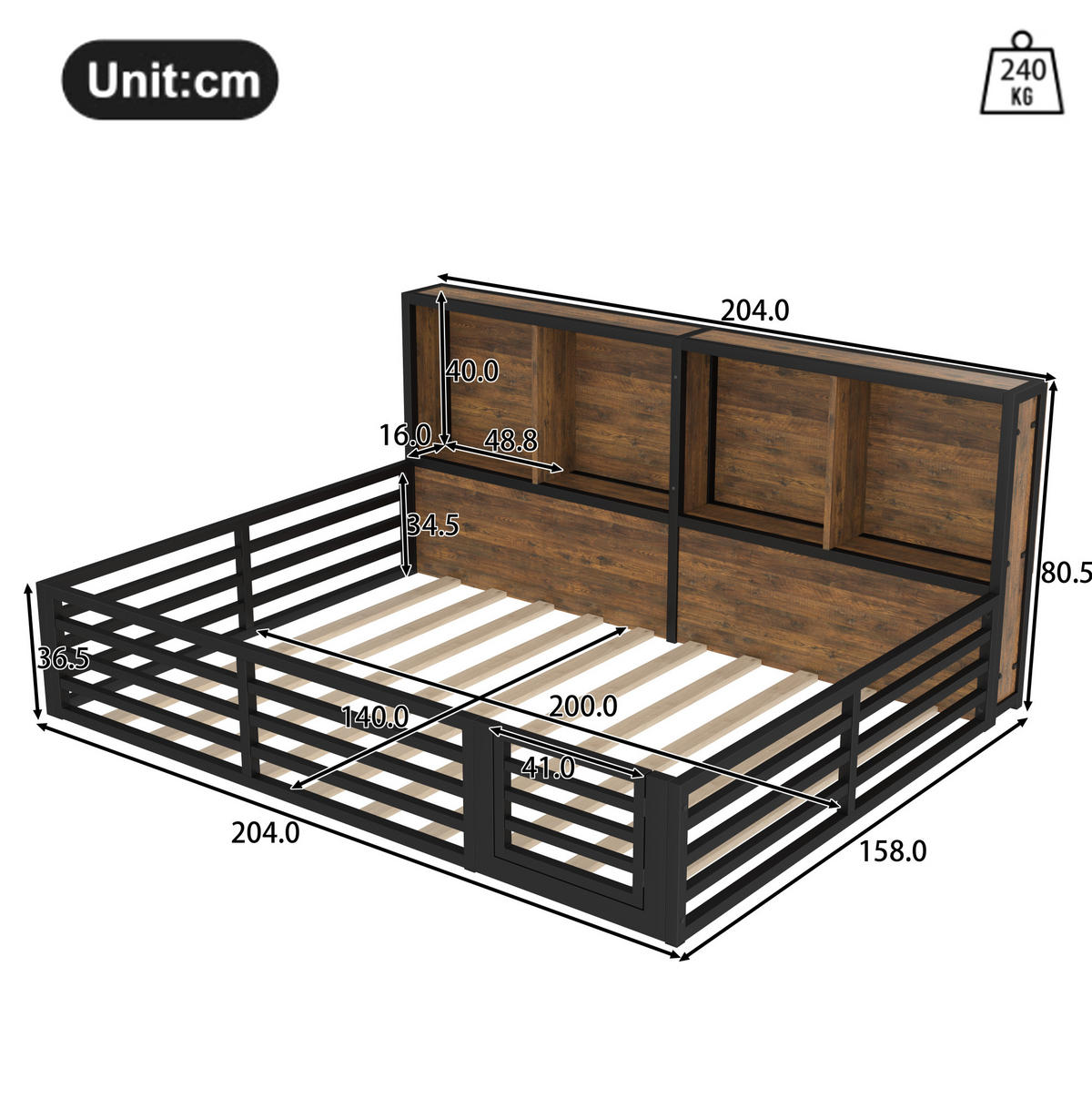 KINDERBETT 140/200 cm schwarz aus Metall und MDF mit Stauraum und LED - Schwarz, Holzwerkstoff (140/200cm) - OKWISH