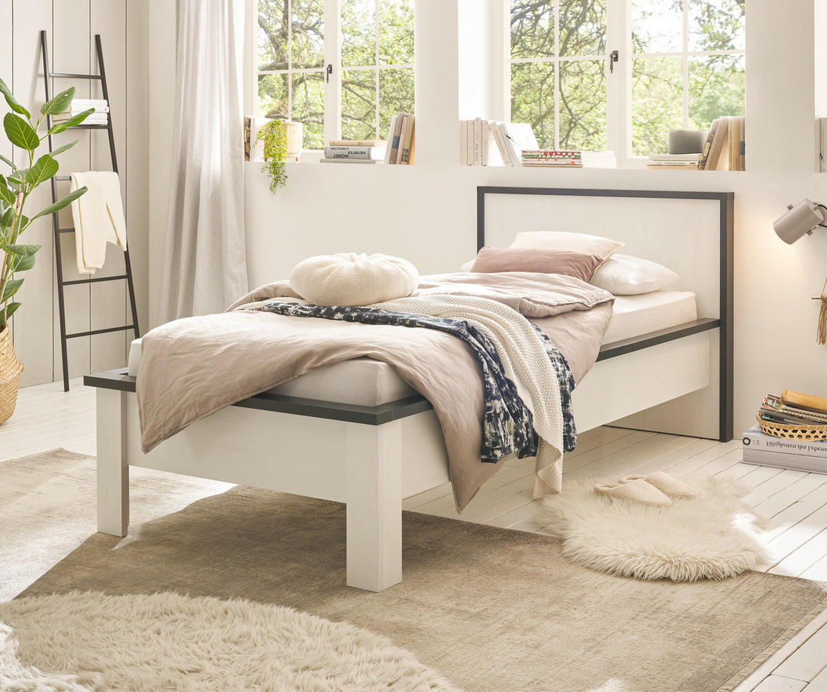 BETT weiß Pinie, anthrazit Landhaus, Einzelbett Liegefläche 90 x 200 cm - Anthrazit/Weiß, Holzwerkstoff (90/200cm) - Furn.Design