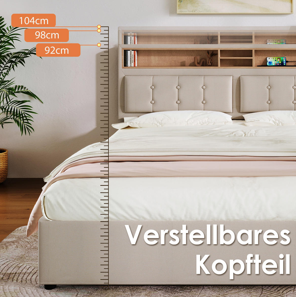 OBLAZINJENA postelja 140/200 cm z nastavljivim vzglavjem, USB-C priključkom in shrambo, Bež - bež, tekstil (140/200cm) - Redom