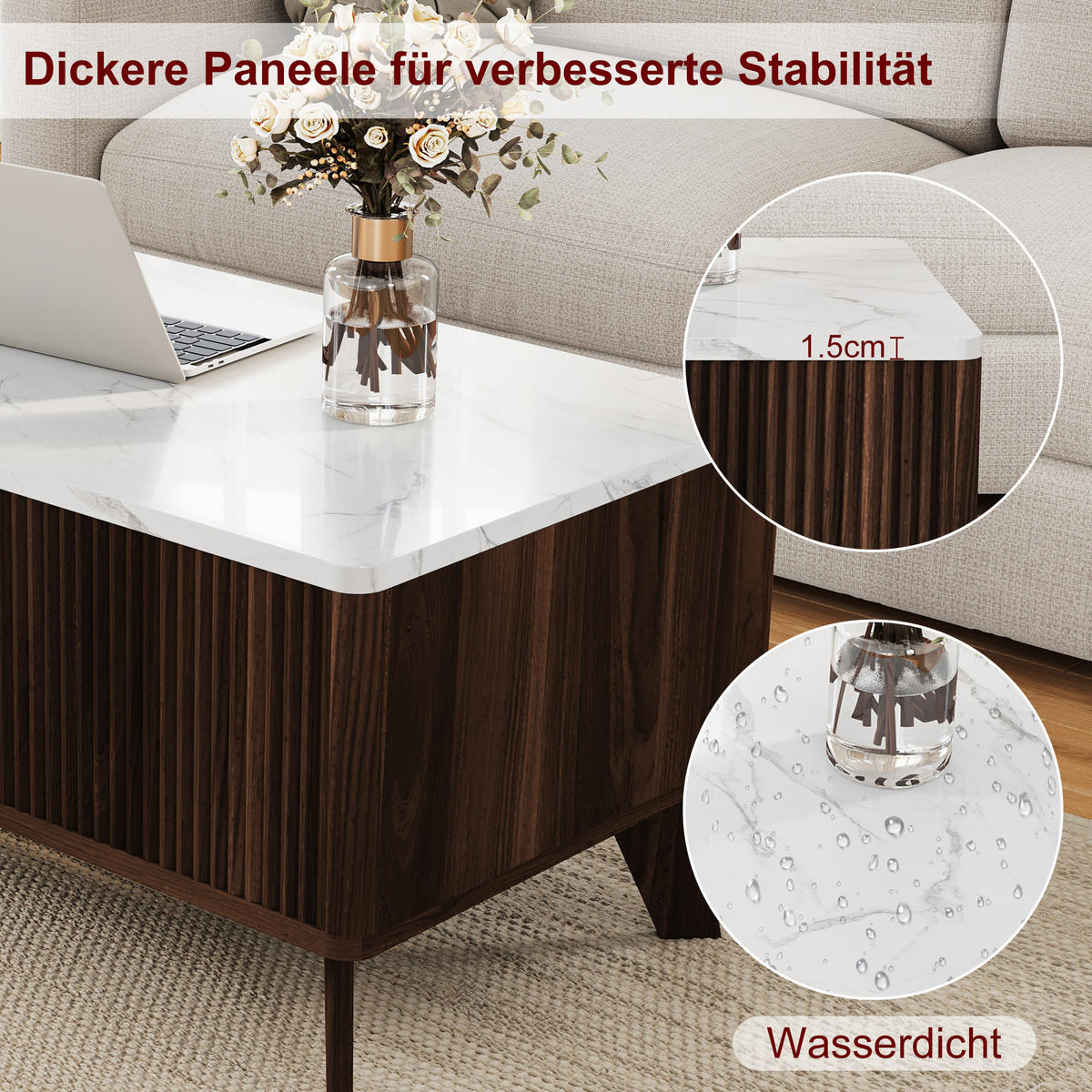 COUCHTISCH NUSSBAUM klappbare Tischplatte & großes Fach - Walnussfarben, Holz (105/32/42cm) - SHOPENTRA