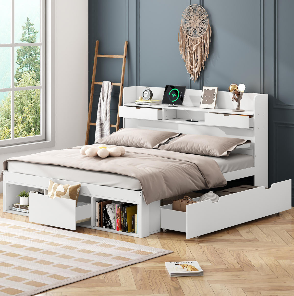 POSTEL 140/190 cm bílá z borovice s USB, zásuvkami a úložným prostorem - bílá, dřevo (140/190cm) - OKWISH