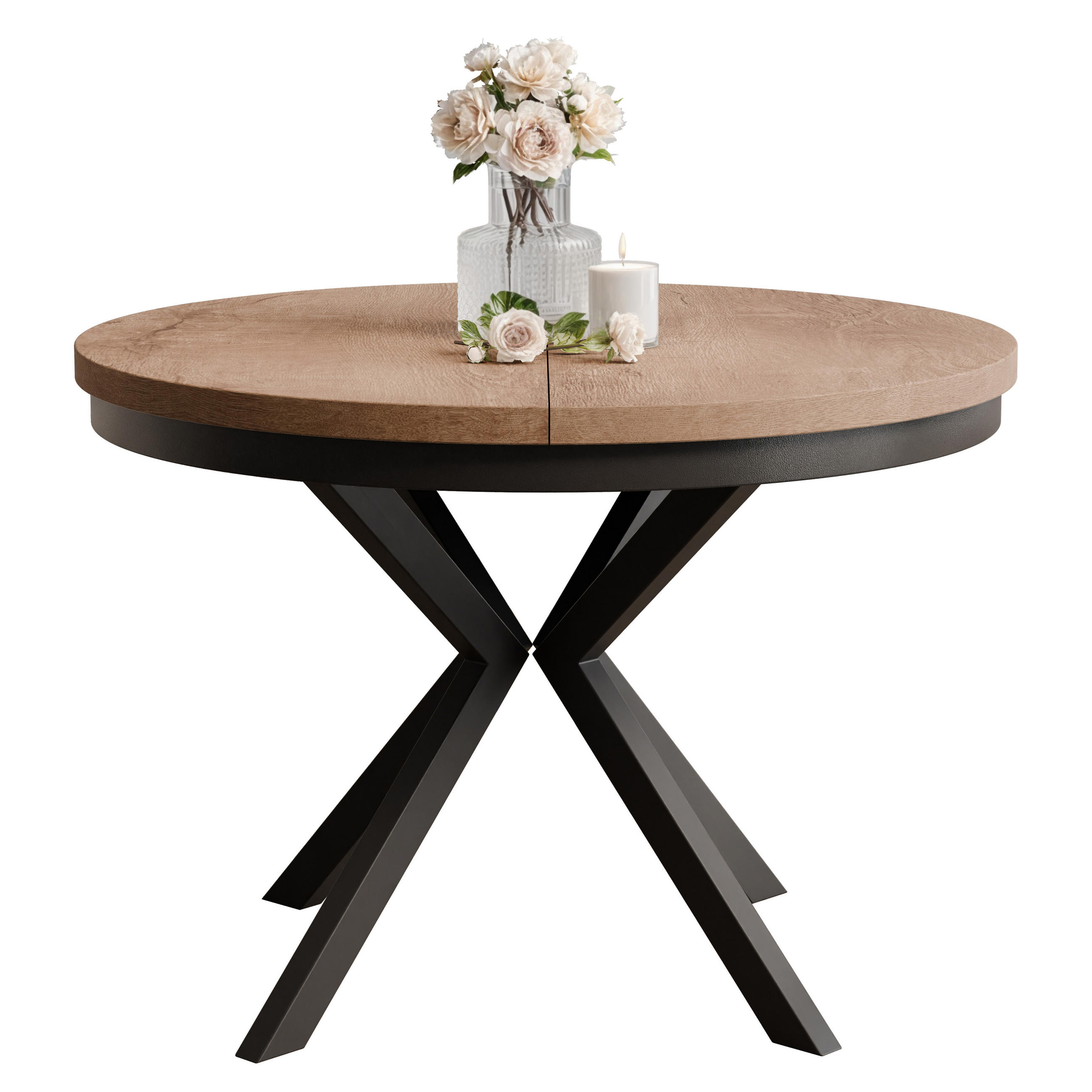 AUSZIEHTISCH MILTON 90-166/76 cm mit Metallgestell, Schwarz / Lefkas-Eiche - Eichefarben/Schwarz, Holzwerkstoff/Metall (90/90/76cm) - Idohome