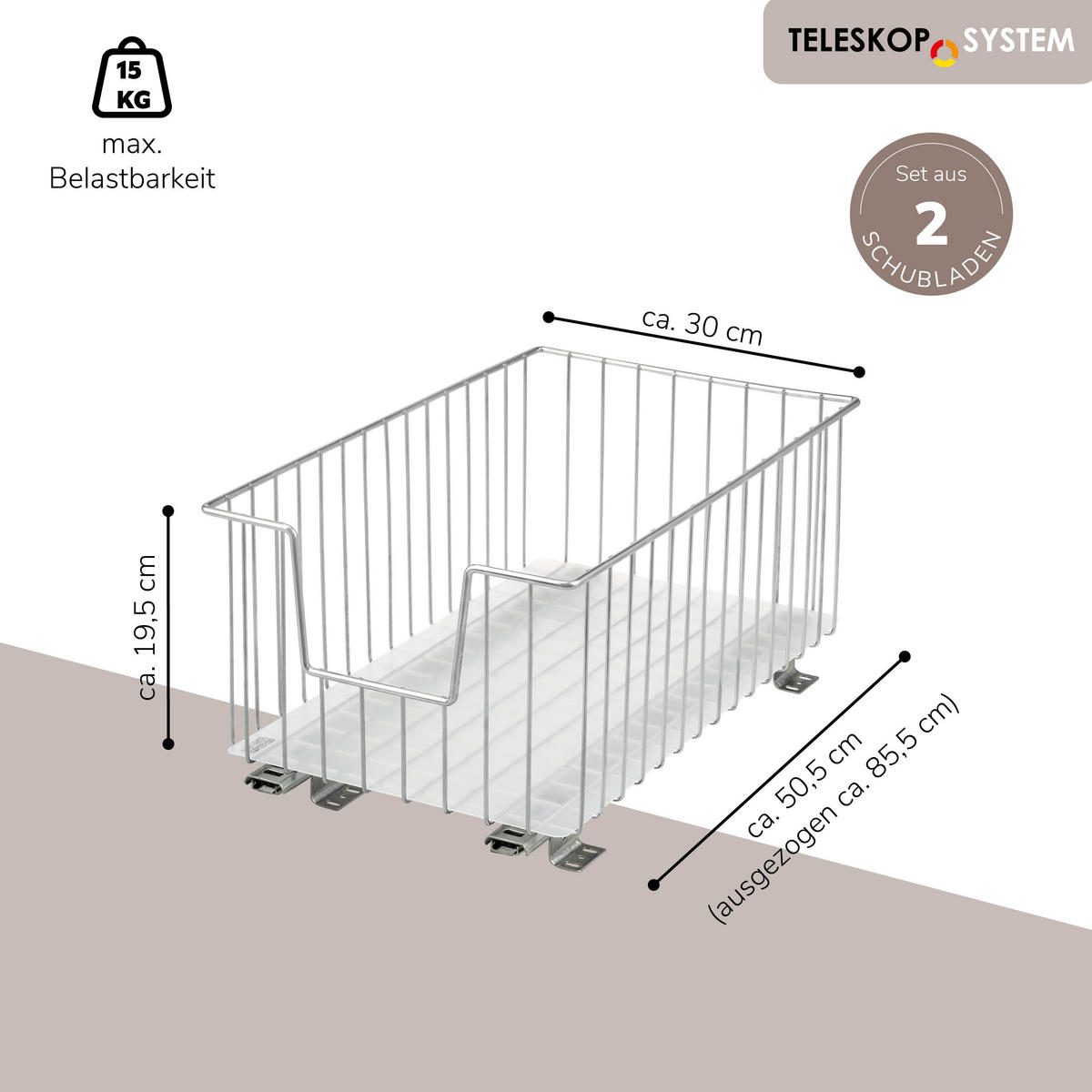 SCHRANK-KORBAUSZUG 30 cm, Silber, Metall - Chromfarben, Metall (30/23/50.5cm) - bremermann