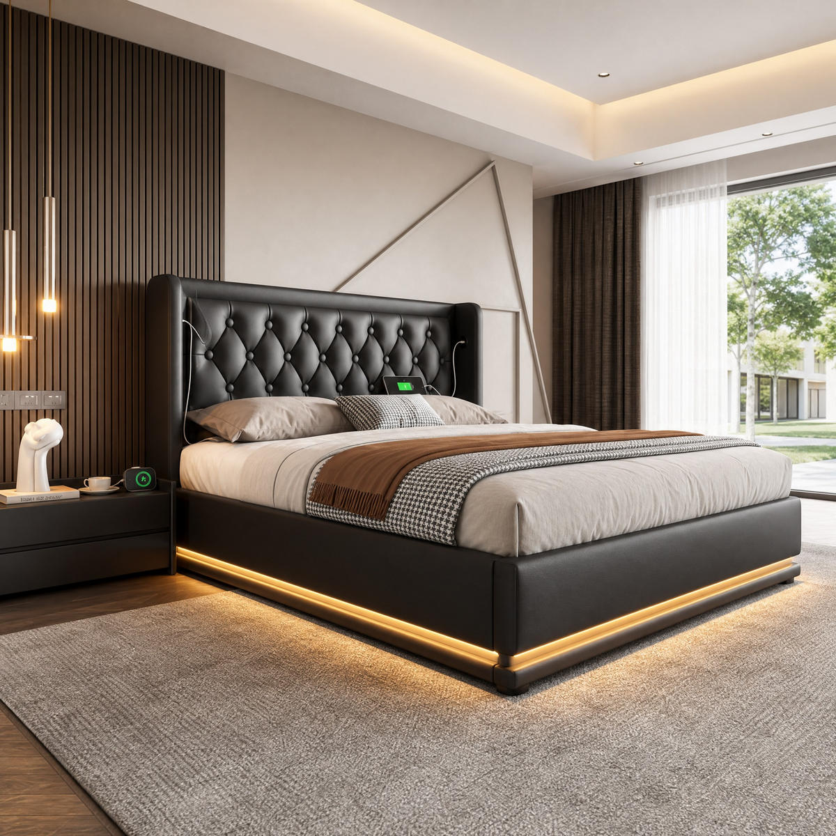 POLSTERBETT 140/200 cm in Schwarz mit Bettkasten, LED, USB und Type-C Kunstleder Flügelkopfteil-Design - Schwarz, Holzwerkstoff/Textil (140/200cm) - STILVORA