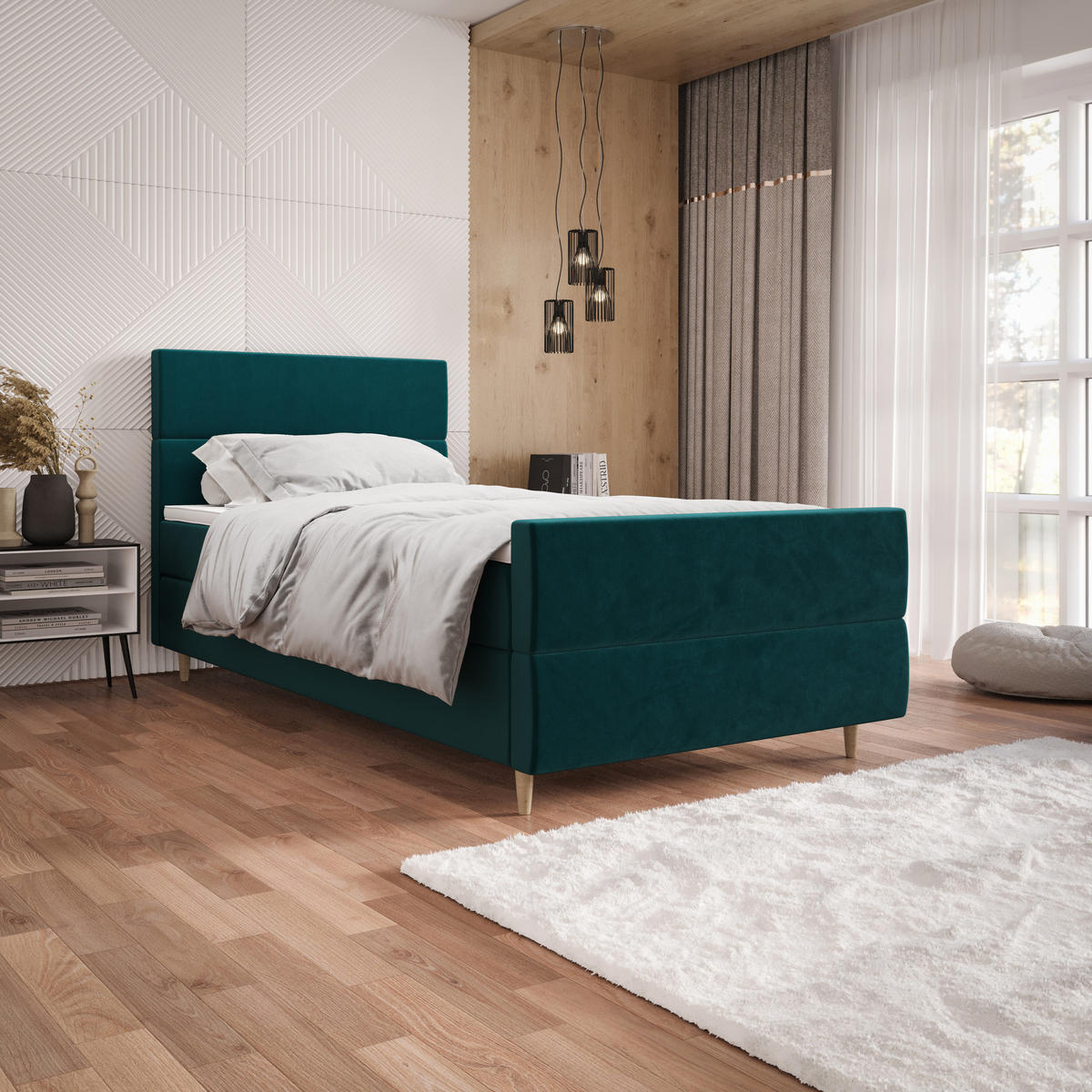 BOXBETT FLO PLUS 90x200 Itaka 39, mit Matratze H3, Bonell und Topper, Türkis - Türkis, Holz/Textil (90/200cm) - Bedante