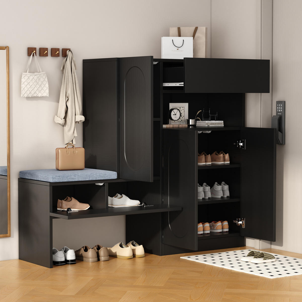 SCHUHSCHRANK aus Spanplatte 130/35/110 cm mit Sitzbank, Sanftschließfunktion und höhenverstellbaren Böden, Schwarz - Schwarz, Holzwerkstoff (130/110/35cm) - Redom
