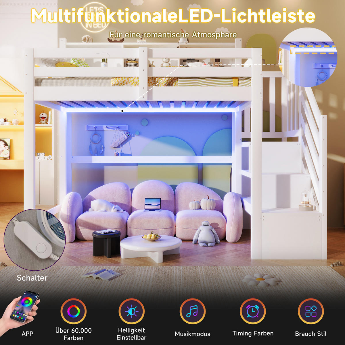 HOCHBETT 90/200 cm mit LED-Beleuchtung, Stauraumtreppe und offenem Staufach, Weiß - Weiß, Holz (90/200cm) - Redom
