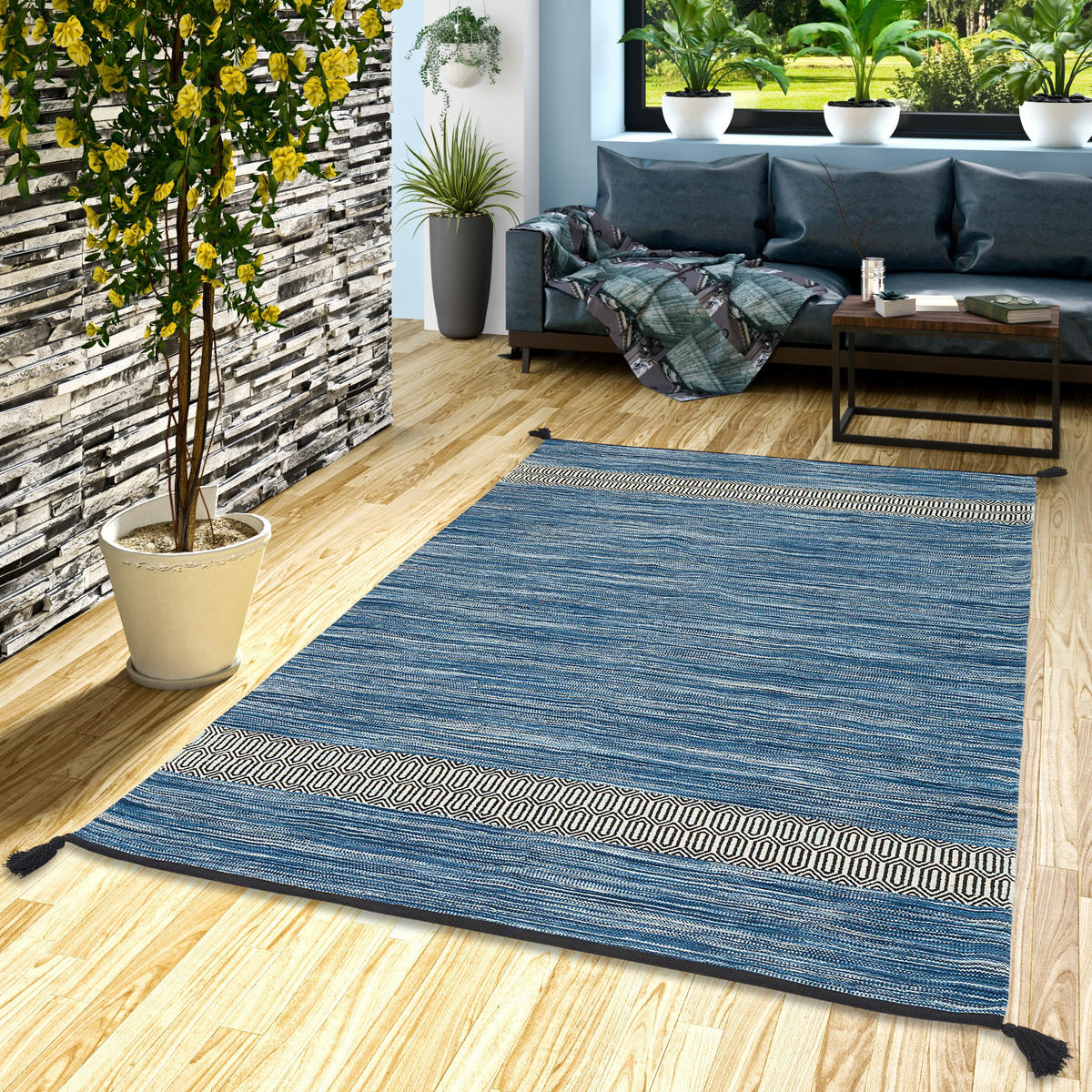 NATUR BAUMWOLLE TEPPICH KELIM TOSKANA - Blau, Textil (90/160cm) - Pergamon