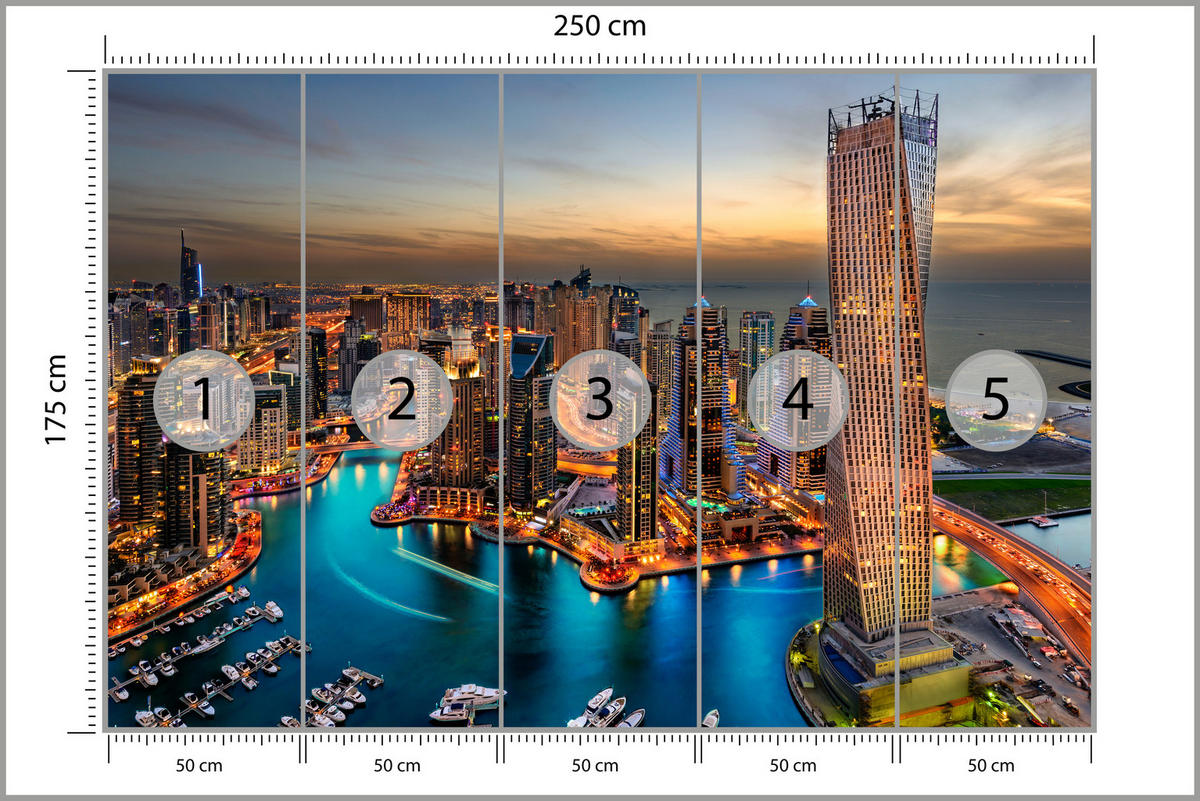 FOTOTAPETA Pre Kanceláriu Mrakodrapy Dubai Marina Prístav Svetlá Moderná 250 x 175 cm - oranžová/hnedá, papier (250/175cm) - Muralo
