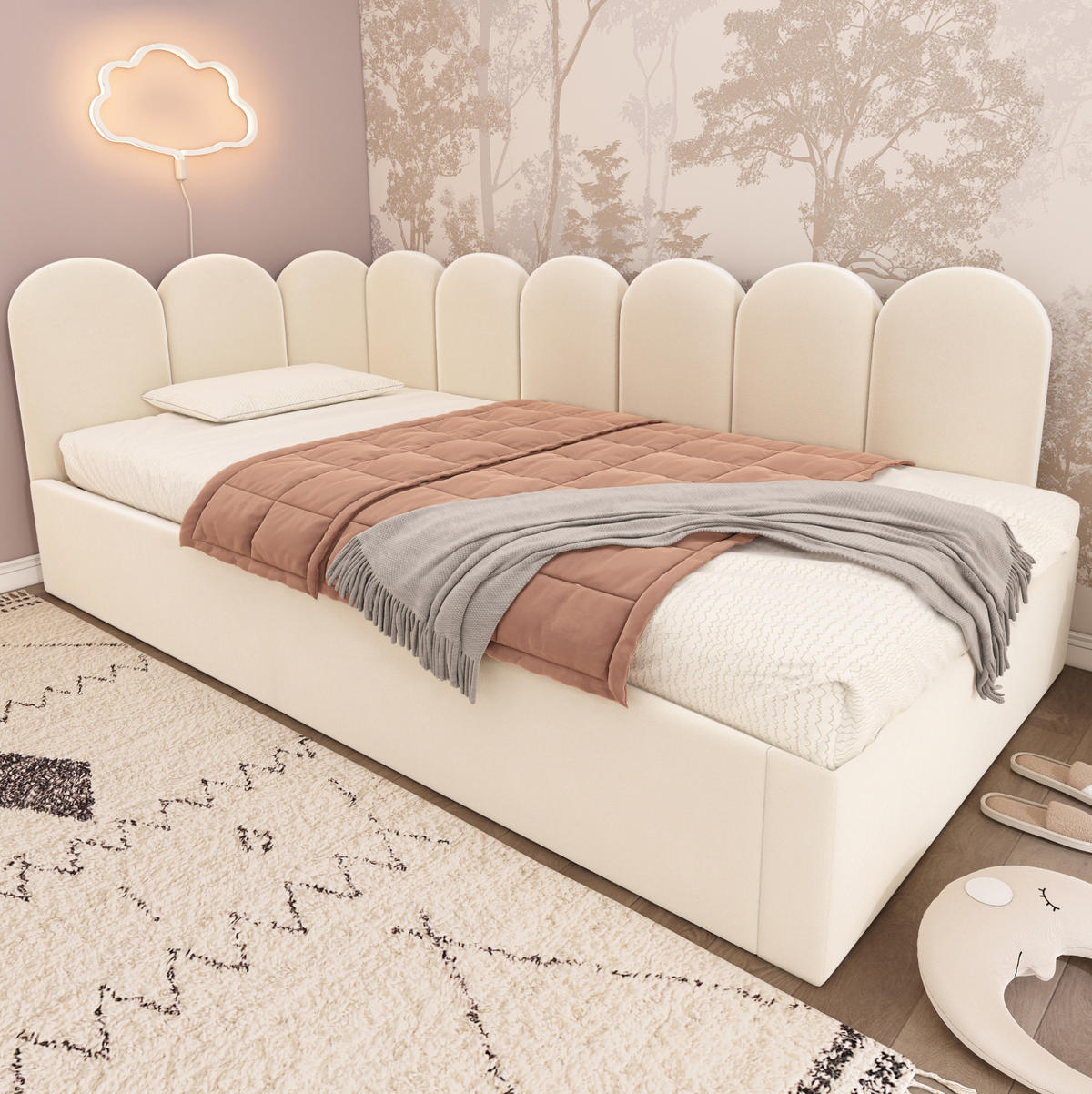 TAGESBETT mit Ausziehbett 90/200 cm aus Samt Beige mit kinderfreundlichem Gitter-Design - Beige, Textil (90/200cm) - OKWISH