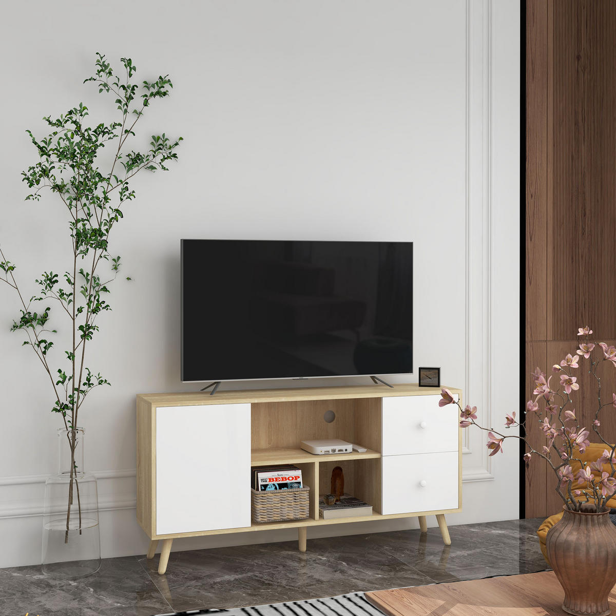 TV-LOWBOARD Weiß/Natur 120/30/60 cm, Massivholzfüße, 1 Tür, 2 Schubladen - Naturfarben, Holzwerkstoff (120/60/30cm) - PANGIVO