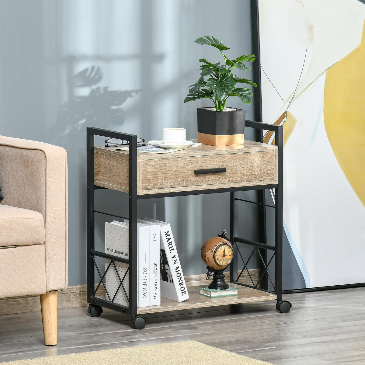 BEISTELLTISCH Servierwagen mit Schublade Ablage Küchenwagen Sideboard Natur - Eichefarben, Kunststoff (60/30/65cm) - HOMCOM
