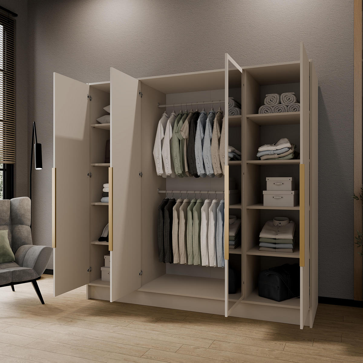 FLÜGELTÜRENSCHRANK LUSSO - Kaschmir/Goldfarben, Holzwerkstoff (200/200/51cm) - Meblini