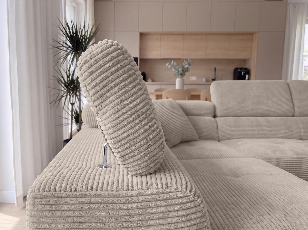 ECKSOFA L Form Konak Beige 276/201/90 cm Links mit Schlaffunktion - Beige/Silberfarben, Textil/Metall (203/276cm) - AX Living