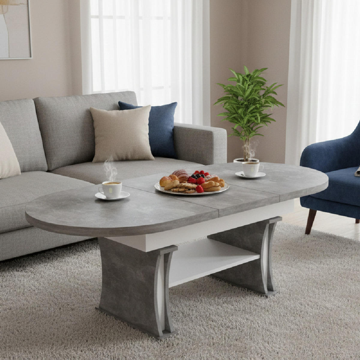 COUCHTISCH oval ausziehbar höhenverstellbar Ablage 130/80/60 cm - Hellgrau/Weiß, Holzwerkstoff (80/130/60cm) - designimpex